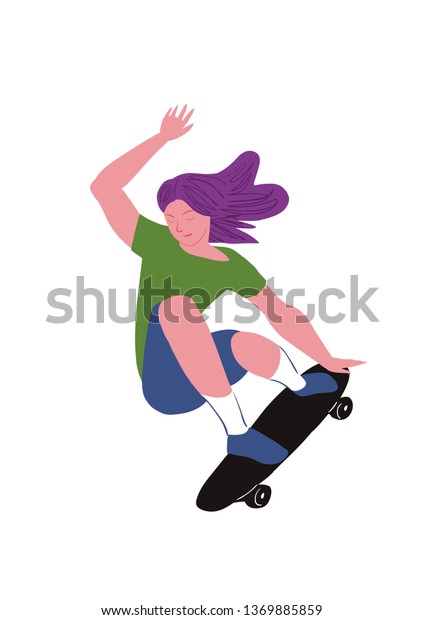 女の子のスケート選手 グラデーション付き平面 紫色の髪をした美容師がスケートボードにスタントを作る チラシ バナースポーツイベント スポーツ用品の梱包に使用します ベクターイラスト分離型オブジェクト のベクター画像素材 ロイヤリティフリー 1369885859