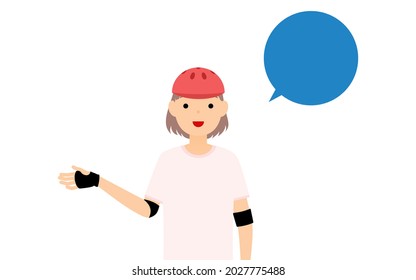 A girl skater giving directions with her right hand, with speech bubble