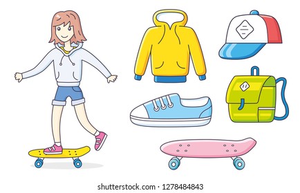 Girl skater riding skateboard, hoodie, baseball cap, sneaker shoe, backpack and longboard or cruiser isolated. Skateboarding clothing set.