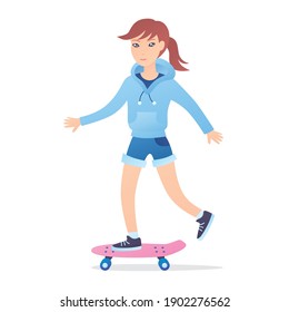 Girl skater wearing hoodie and jeans shorts riding freestyle longboard or skateboard cruiser isolated flat vector illustration