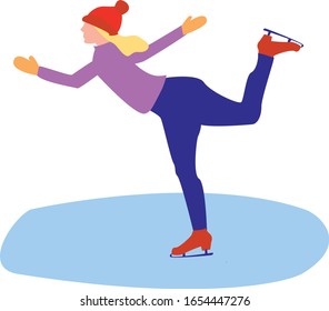 Girl skates on ice. Cute woman wearing warm winter clothes ice skating on frozen surface. Cartoon style, flat design. Winter sport concept. Vector Eps. 8