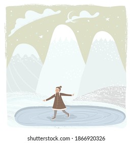 A girl skates on ice outside the city, in the mountains. New Year's holidays and winter holidays, rest in the mountains, winter entertainment. Cute vector textural illustration.