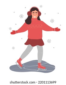 A girl skates on ice in winter in a warm sweater and mittens. Vector graphics.