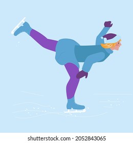 A Girl Skates On A Winter Ice Rink And Makes A Swallow Figure. Winter Sport Or Recreation. Vector Illustration In Cartoon Style.