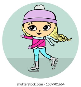 The girl skates. Round icon. Delicate colors. Isolated on white background.