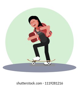 Girl skating with backpack