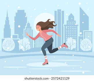 Girl skating on the background of winter landscape. Winter sport, outdoor sports activity. Flat illustration