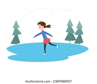 Girl skating on a frozen lake. Young woman skating on a skating rink in the winter park. Vector Illustration for children.