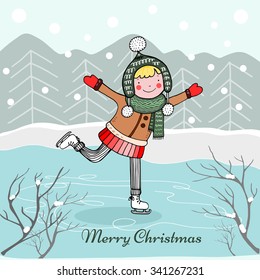 A girl skating on ice, Christmas greeting card, isolated vector illustration