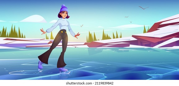 Girl skating on ice rink in park. Vector cartoon illustration of winter landscape with frozen lake or river, white snow, mountains, trees and woman in ice skates