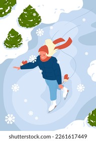 Girl skating on ice rink, top view of figure dance outside vector illustration. Cartoon snowy winter wonderland scene with cute young woman wearing gloves, scarf and skater boots and dancing alone