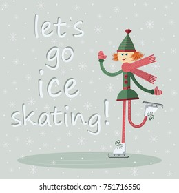 Girl skating on ice rink. Invitation card to the ice rink. Winter sport fun activity and entertainment. 