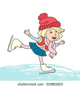 Girl skating on ice. Vector cartoon characters for greeting card, children book and winter design