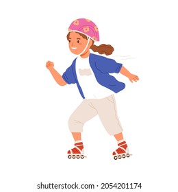 Girl skating on roller skates. Happy cute kid rolling on rollerskates. Child in helmet during summer sport activity with wheel shoes. Colored flat vector illustration isolated on white background