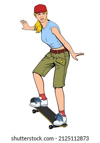 Patinaje femenino en Skateboard. Pin Up, Pop Art style. Dibujo de vectores.