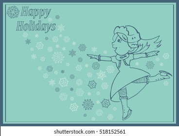 The girl skating on the snowflakes background. Christmas, New Year greeting card conception