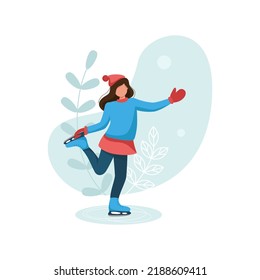 Girl skating rink. Beautiful figure skater stands on one leg. Winter sports. Ice Figure skating. Walk, Christmas holidays outdoor activities. Winter season card. Winter background. Vector illustration
