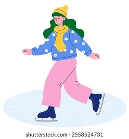 Girl skating. Winter. Holidays. Vector illustration on a white background.