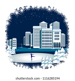 Girl is skating in a winter town.  Vector illustration
