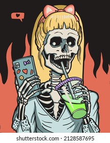 girl skeleton in hell drinks lemonade and looks at the phone