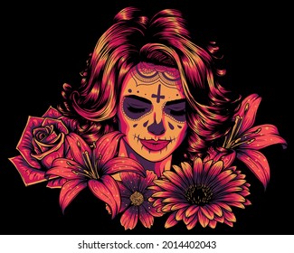 Niña con esqueleto maquillada con flor