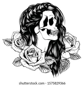 Girl with skeleton make up hand drawn vector sketch. Santa muerte woman witch portrait stock illustration Day of the dead face art