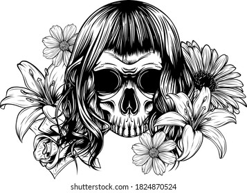 Girl with skeleton make up hand drawn vector sketch.