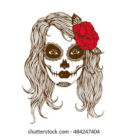 Girl with skeleton make up hand drawn vector illustration