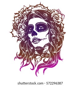Girl with skeleton make up hand drawn vector sketch. Santa muerte woman witch portrait stock illustration. Day of the dead face art