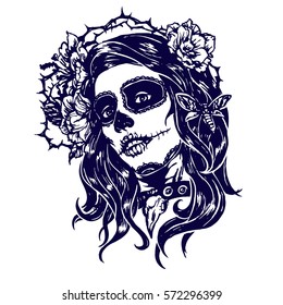 Girl with skeleton make up hand drawn vector sketch. Santa muerte woman witch portrait stock illustration/ Day of the dead face art