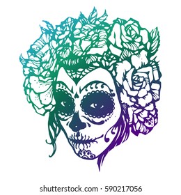 Girl with skeleton make up hand drawn vector sketch. Santa muerte woman witch portrait stock illustration/ Day of the dead face art with rose wreath