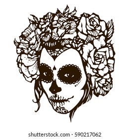 Girl with skeleton make up hand drawn vector sketch. Santa muerte woman witch portrait stock illustration/ Day of the dead face art with rose wreath coloring book page