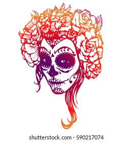 Girl with skeleton make up hand drawn vector sketch. Santa muerte woman witch portrait stock illustration/ Day of the dead face art with rose wreath