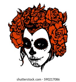 Girl with skeleton make up hand drawn vector sketch. Santa muerte woman witch portrait stock illustration/ Day of the dead face art with rose wreath