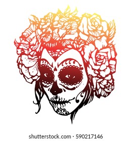 Girl with skeleton make up hand drawn vector sketch. Santa muerte woman witch portrait stock illustration/ Day of the dead face art with rose wreath