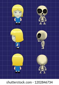 Girl Skeleton X-Ray Big Head Cartoon Vector