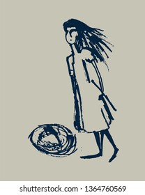 girl sketch in ink. hand drawn vector illustration