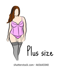 Girl sketch plus size model. Curvy woman. Vector illustration