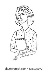 Girl with sketchbook. Linear vector graphics. Hand-drawn illustration