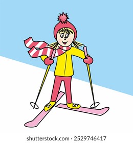 Girl and ski, skiing person, child, skier, child, vector illustration