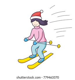 Girl skier in Santa hat isolated