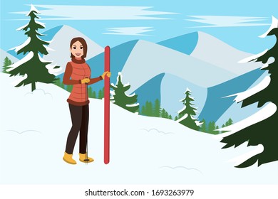 Girl skier at the ski resort.