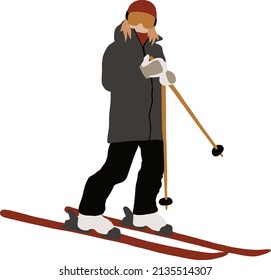 Girl skier stands on skis with sticks in a mask