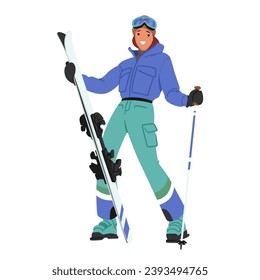 Girl Skier Strikes A Pose, Capturing The Essence Of Winter Beauty. Young Female Character Wearing Skier Gear and Clothes Create A Picturesque Moment On The Mountain. Cartoon People Vector Illustration