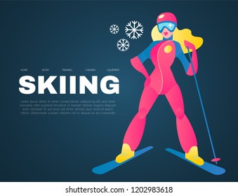 Girl Skiing. Alpine Sport Design Template with Mountain and Snow. Vector illustration