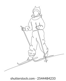 Girl skiing in cold weather winter season. Continuous line drawing. Black and white vector illustration in line art style.