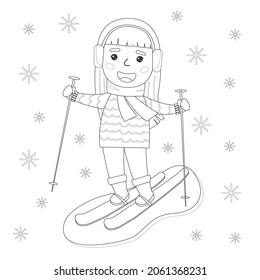 A girl is skiing. Coloring book for kids. Vector illustration.