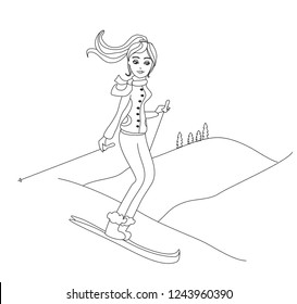 Girl skiing doodle illustration