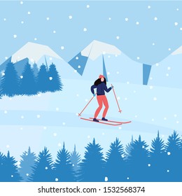 Girl is skiing down. Mountains  and tree landscape. Winter vector illustration. 