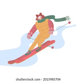 Girl is skiing. Extreme sport. Snowy. Vector illustration. Lifestyle, activity, speed, adrenaline, emotions. Winter entertainment. Isolated on blue background. 